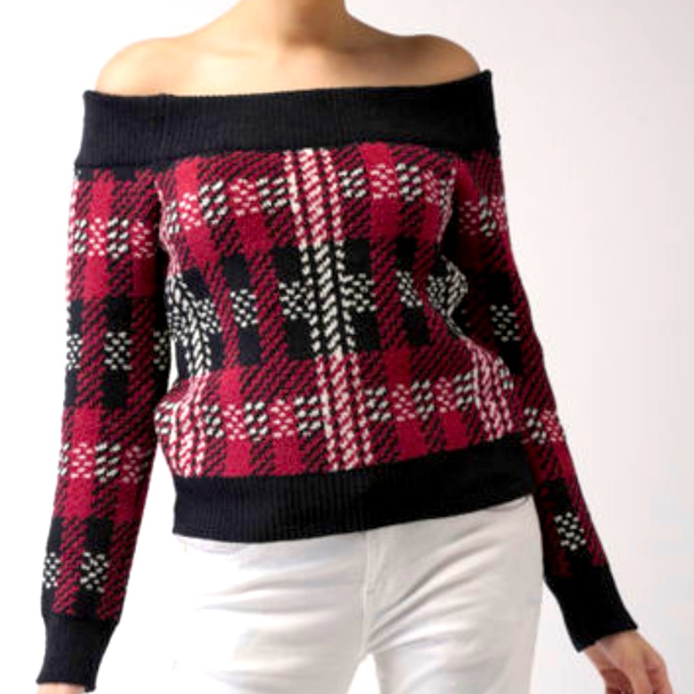 Forever 21 Red & Black Pullover Off-Shoulder Sweater